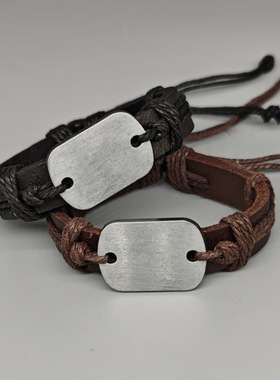光板素圈黑棕色学生手环可调节皮革手链国潮新中式简约素编织