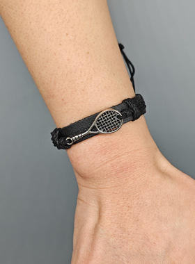 欧美可调运动风手环简约手工编织网球球拍皮革手链个性黑色男手绳