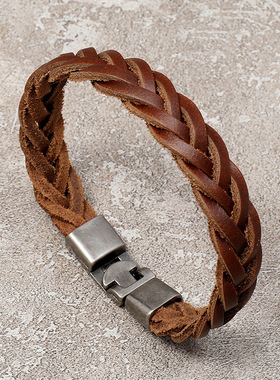 跨境新款配饰棕色编织对扣牛皮手链简约个性设计感手环欧美男饰品