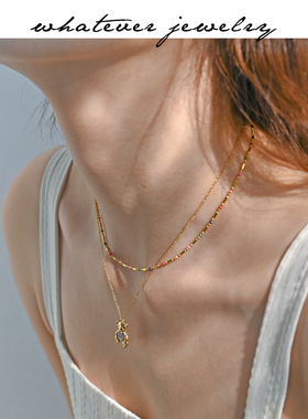 whatever钛钢月亮爱心小熊项链女