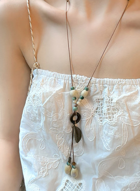 【蜜桃茶】梧桐琥珀 长款天然石陶瓷吊坠项链中式民族风挂脖配饰