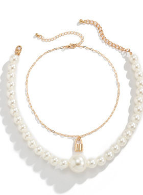 欧美跨境饰品 夸张仿珍珠串珠双层项链女 复古锁形链条叠戴项饰