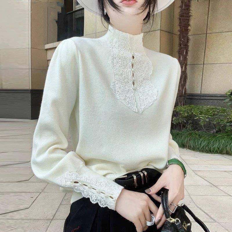 欧货蕾丝钉珠镂空毛针织衫女秋冬新款气质半高领打底衫高级感上衣,淘宝优惠券,粉丝福利购,淘宝优惠卷