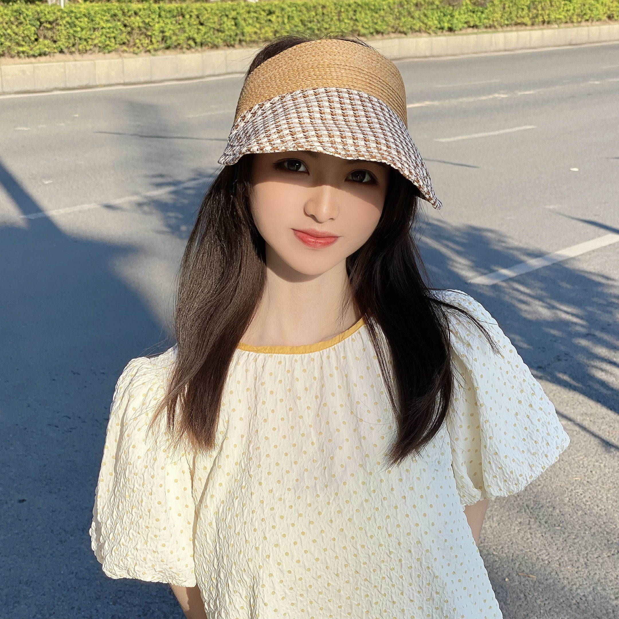 千鸟格日系格子无顶空顶帽子女式骑行防晒遮阳太阳帽女草帽夏季潮