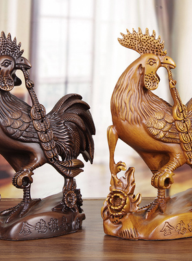 实木雕雄鸡报喜生肖手工艺品摆件