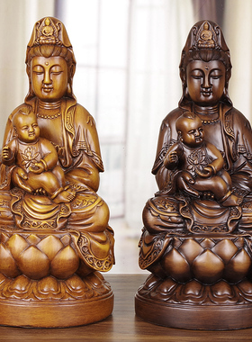原木雕菩萨摆件供奉送子观音佛像