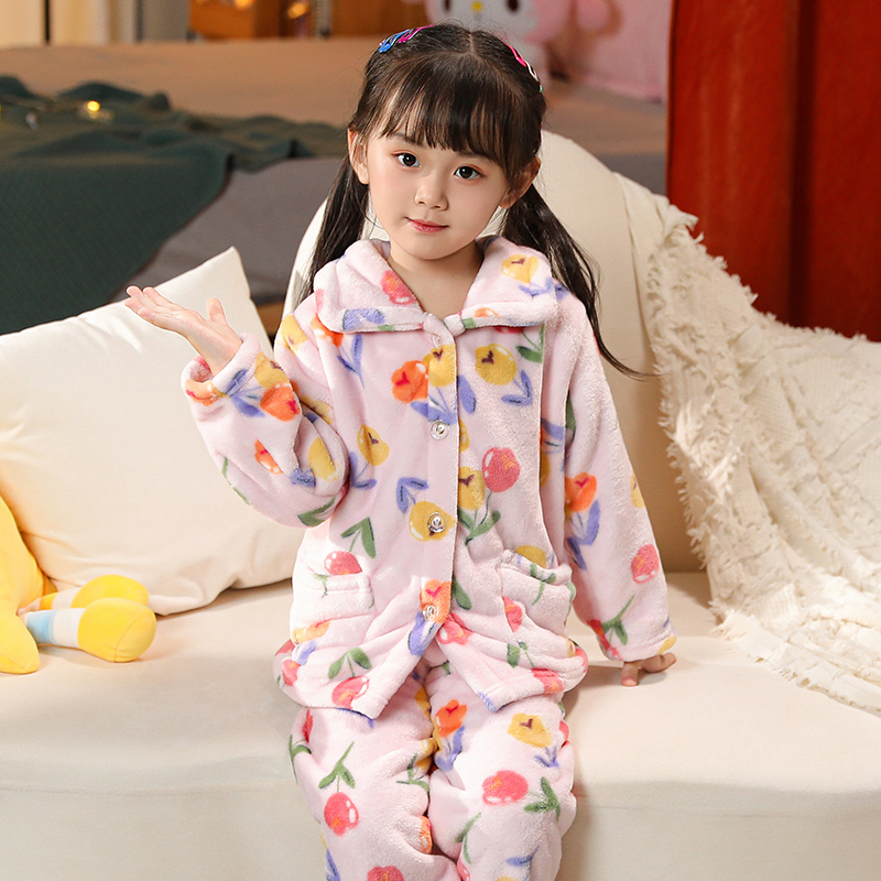 秋冬季新款儿童睡衣加厚保暖法兰绒中大童男女孩家居服珊瑚绒套装