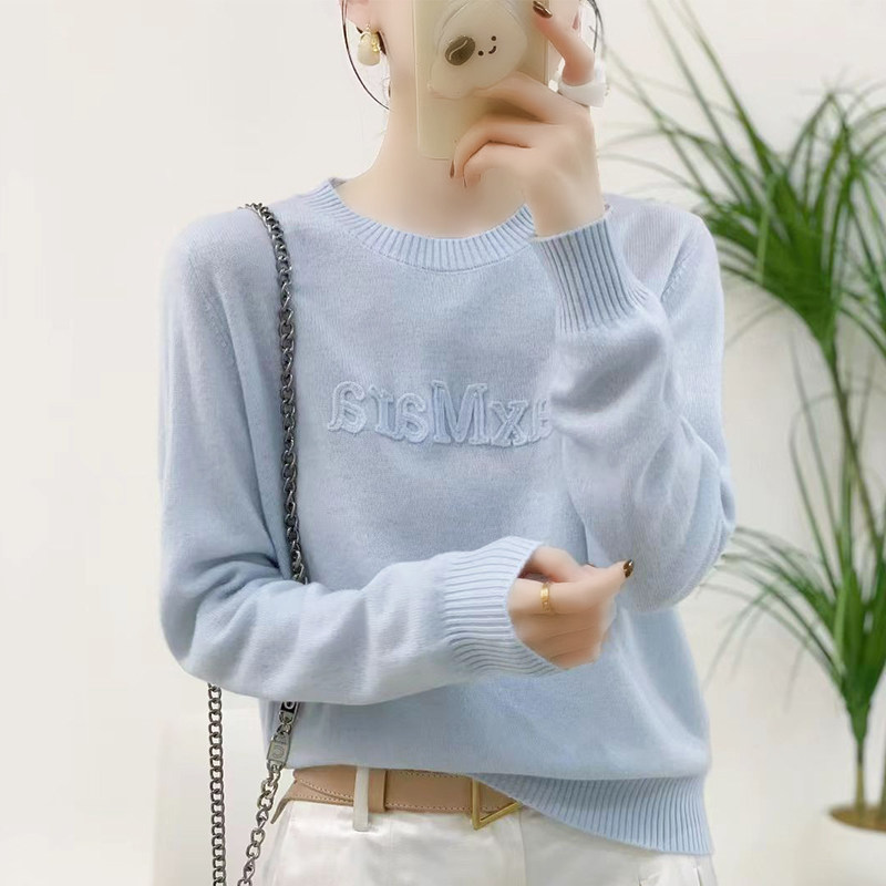 100%羊毛2026新款时尚立体字母刺绣圆领收腰针织衫薄款上衣毛衣女,淘宝优惠券,粉丝福利购,淘宝优惠卷