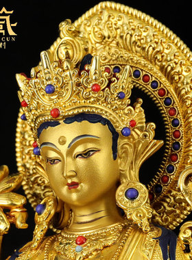 藏村全鎏金《绿度母》室内家用《绿多罗观音》铜佛像家居装饰摆件