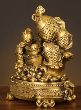 全铜富贵有余摆件聚宝盆招财鱼摆设家居客厅电视柜开业装饰品