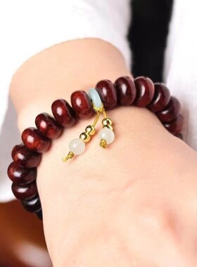 小叶紫檀木手链女士檀香木文艺秀气手串佛珠单圈老料木制念珠男女