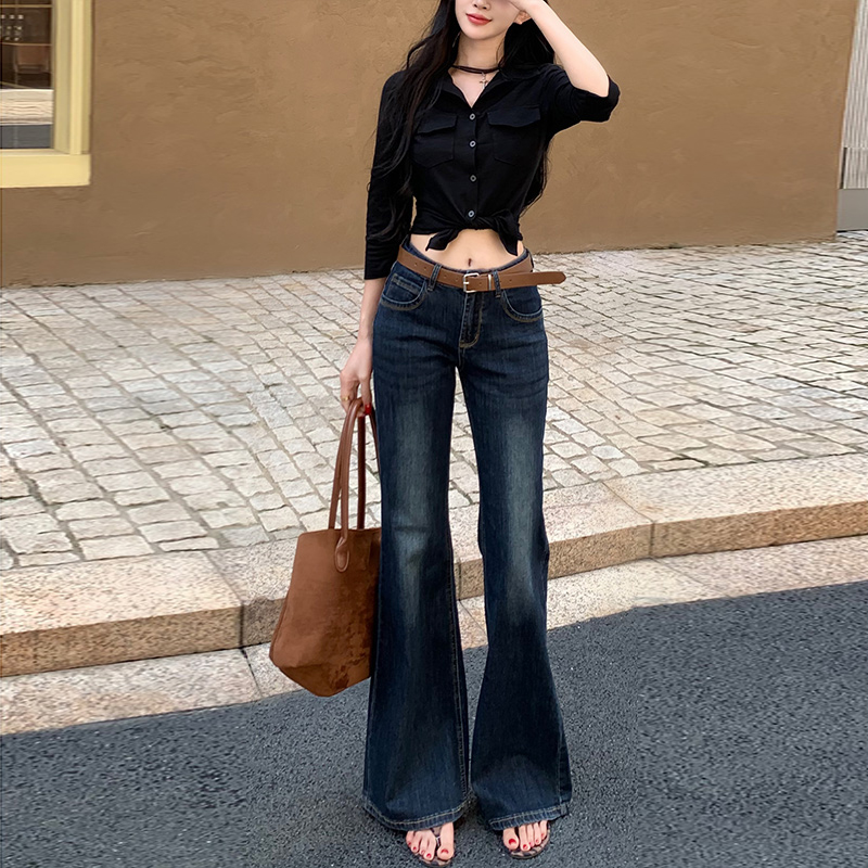 李李服饰加绒低腰不贴腿知性百搭微喇牛仔裤女2025冬季新款拖地裤 - 图2