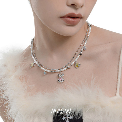 MASW麻秀原创设计甜美风可爱小熊项链千禧风小众气质毛衣链M1155 - 图0