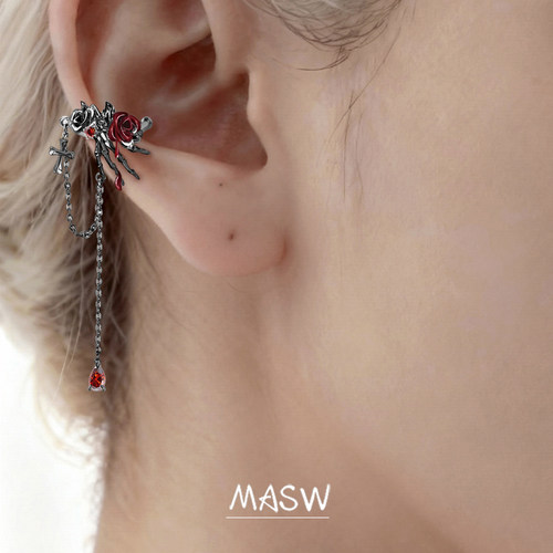MASW麻秀原创骸骨系列甜酷红色玫瑰花耳骨夹暗黑设计感不对称耳夹 - 图0