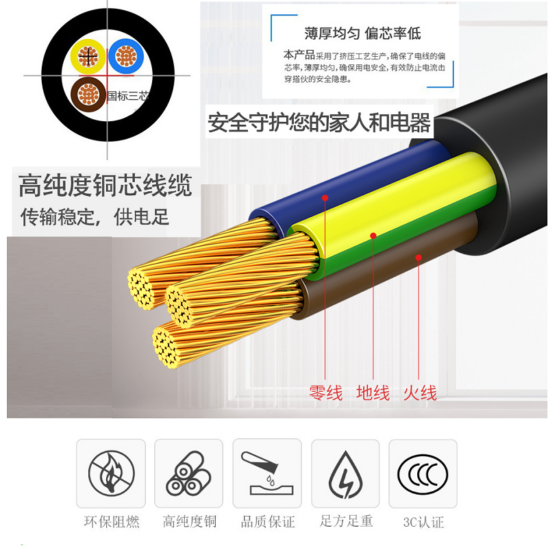 10a16A三插头裸尾电源线带插头黑色电线1.5平方纯铜电缆插头线3芯 - 图1