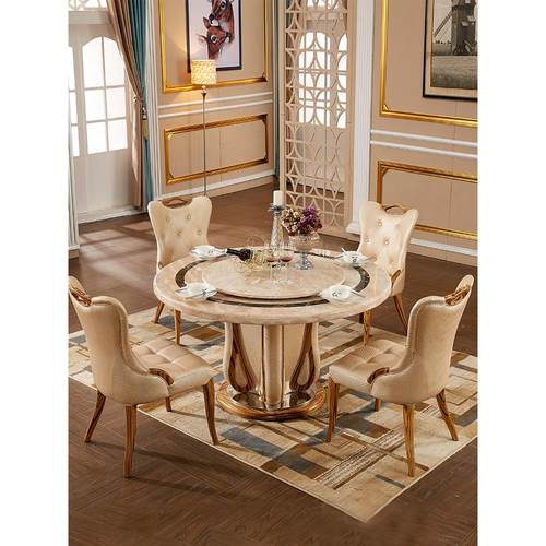 欧式大理石圆桌餐桌北欧浅米黄色别墅餐桌椅组合带转盘家用圆饭桌 - 图0