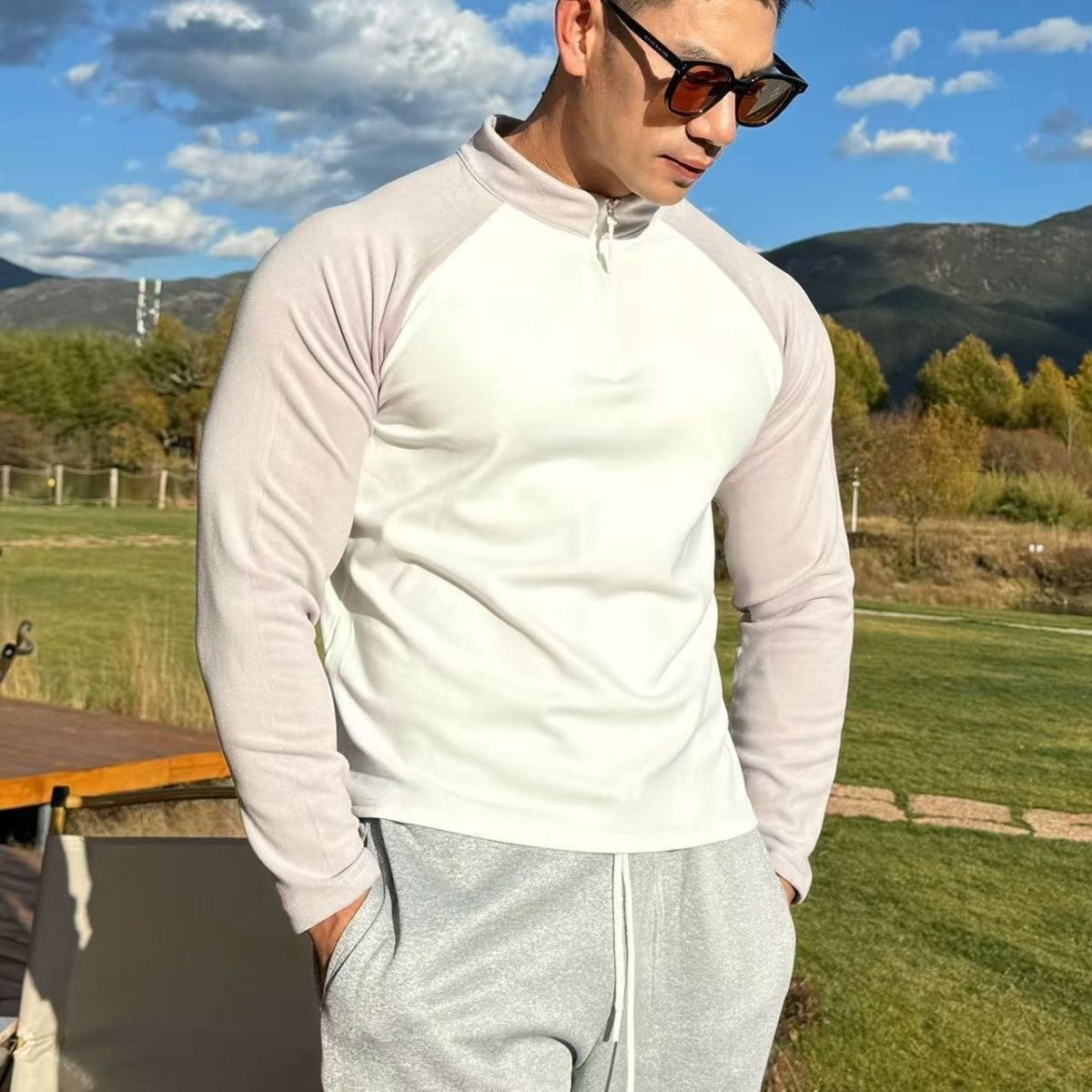长袖T恤男秋冬拼色德绒保暖半拉链打底衫休闲健身立领上衣训练服,淘宝优惠券,粉丝福利购,淘宝优惠卷