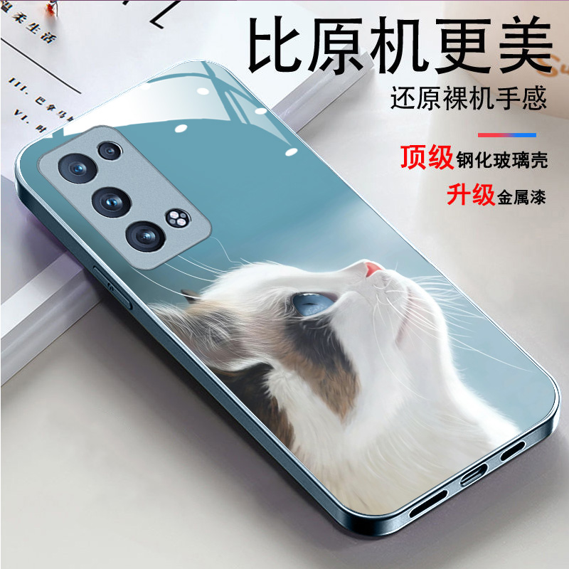 适用于opporeno6pro+手机壳reno6pro新款软边液态玻璃壳PENM00男女情侣潮Ren06pr0加卡通可爱猫咪潮opop全包 - 图3