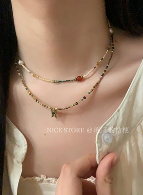 五折清仓「金风玉露」新中式蝴蝶吊坠天然石叠戴项链