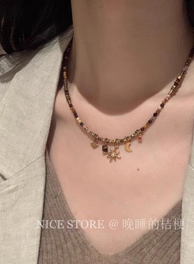 晚睡的桔梗「古巴」天然石复古串珠星星月亮项链波西米亚锁骨链