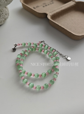 晚睡的桔梗「花红倚柳堤」手工串珠项链小清新猫眼石锁骨链