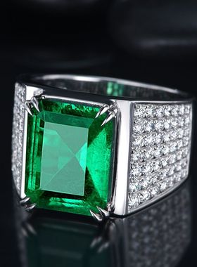 欧美奢华8克拉仿天然祖母绿霸气男士开口戒指 18k仿钻石彩宝指环