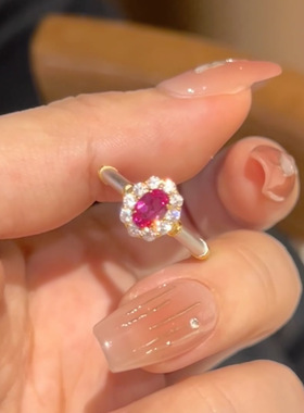 轻奢高级感中古风红刚玉戒指植物系蔓越莓火龙果色鸽子蛋拉丝女戒