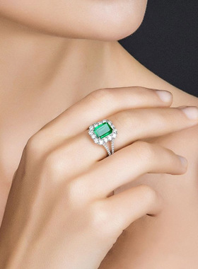 欧美气质镶嵌锆石祖母绿长方彩色宝石开口戒指女时尚活口指环饰品