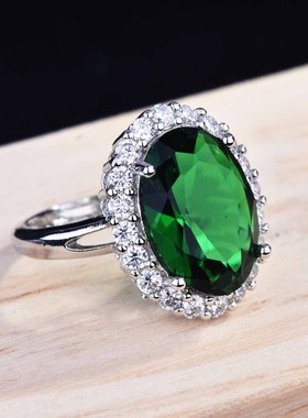网红直播椭圆形仿真红宝石彩宝开口戒指 祖母绿群镶锆石指环