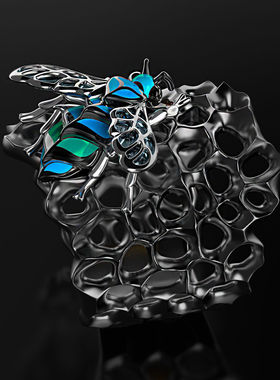 POLYSUTT创意新款滴胶蓝色蜜蜂蜂巢蜂窝戒指欧美夸张朋克punk指环