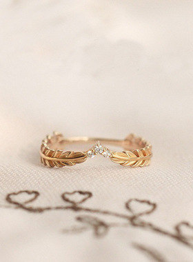 POLYSUTT新款小清新镀18k黄金树叶子镶钻戒指 欧美稻穗羽毛指环