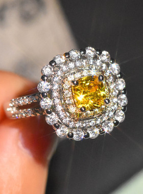 小红书推荐抖音快手直播镀白金奢华彩宝珠边方包黄钻开口戒指女