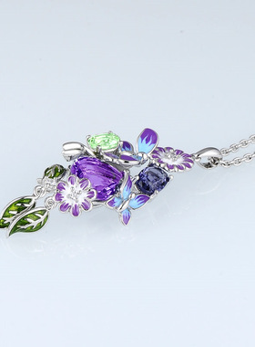 POLYSUTT创意两只蝴蝶烤漆吊坠欧美夸张长款珐琅彩树叶花朵项链