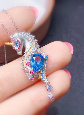 奢华超闪瑞士蓝水滴仿天然托帕石吊坠 镀银独角兽紫水晶锆石吊坠