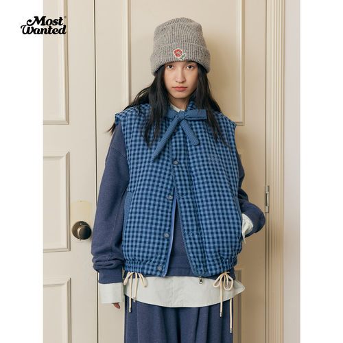 mostwanted 格纹双面穿绑带棉服马甲女款25新款冬季棉背心 - 图0