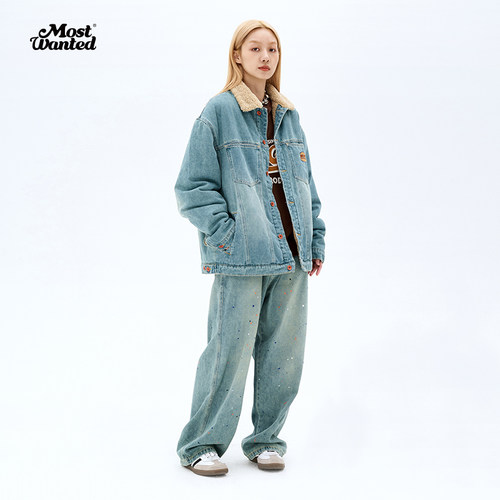 mostwanted 复古仿羊羔毛牛仔外套男春秋情侣夹克宽松潮流上衣 - 图0