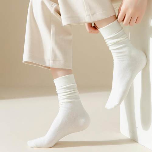 白色袜子女士春秋季无骨堆堆袜搭配小皮鞋中筒棉袜四季纯棉月子袜 - 图1