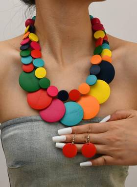 2025几何大小木屑串珠多层毛衣炼波西米亚民族风格非洲项炼项炼