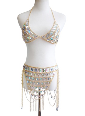 2019欧美新款配饰 复古时尚亚克力文胸腰链 多层几何身体链套装