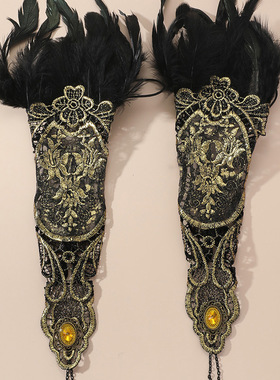 欧美跨境热卖性感夸张复古羽毛手链 金色花边蕾丝手臂链一只手链