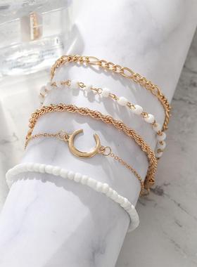 5piece fashion moon Bracelet women时尚月亮覆古米珠手錬饰品女