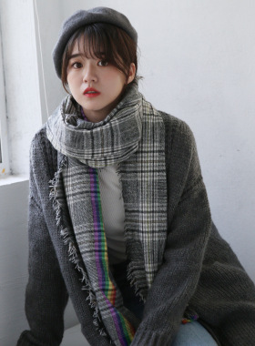 女式披肩外搭秋冬季新款彩虹英伦风经典千鸟格子围巾百搭围脖披肩