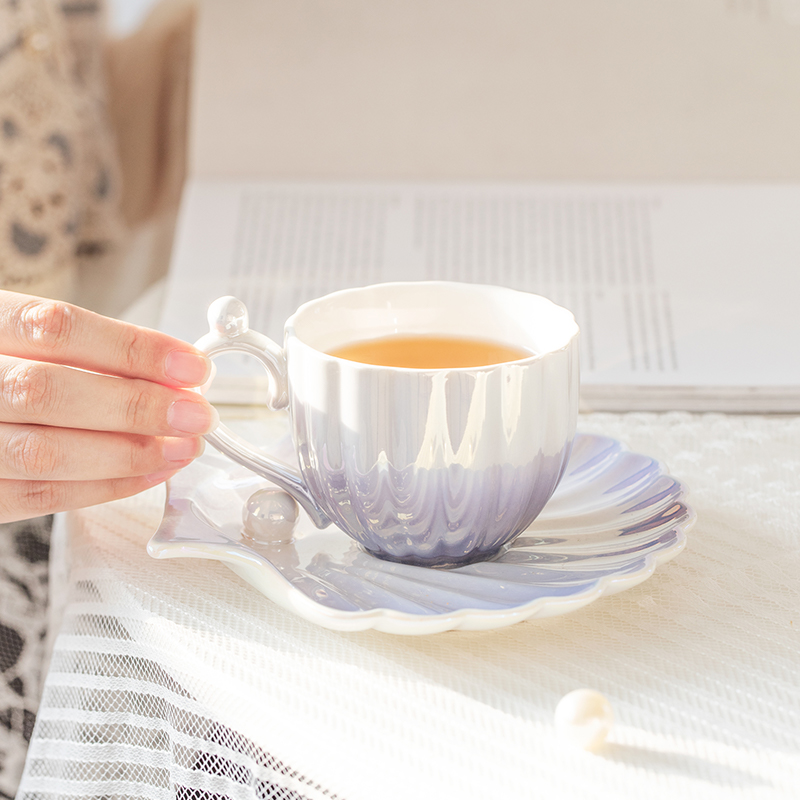 ins贝壳陶瓷马克杯女咖啡水杯家用珍珠杯碟套装高颜值茶杯子设计