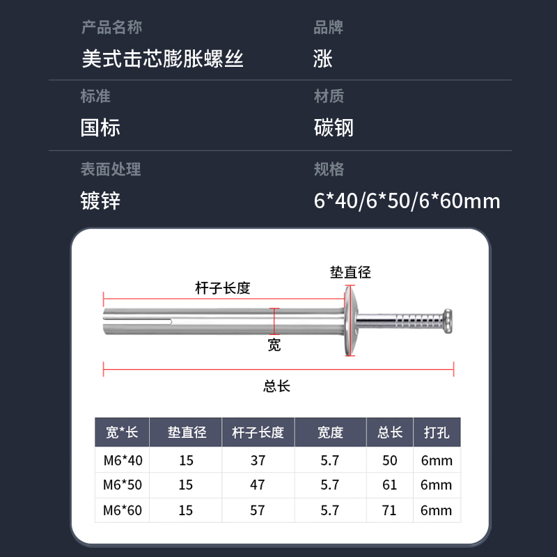 美式击芯膨胀螺丝快速敲击式膨胀螺栓防盗网门窗专用内膨胀钉M6