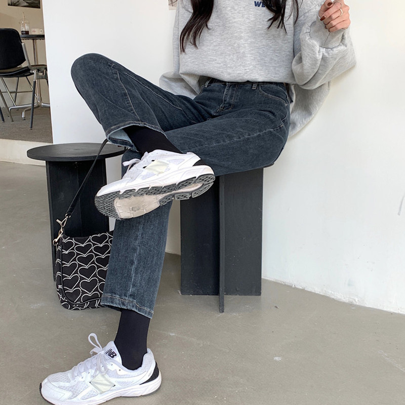 胖mm弹力春秋新款蓝灰色直筒裤子 樱米萱牛仔裤