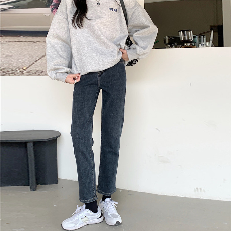 胖mm弹力春秋新款蓝灰色直筒裤子 樱米萱牛仔裤