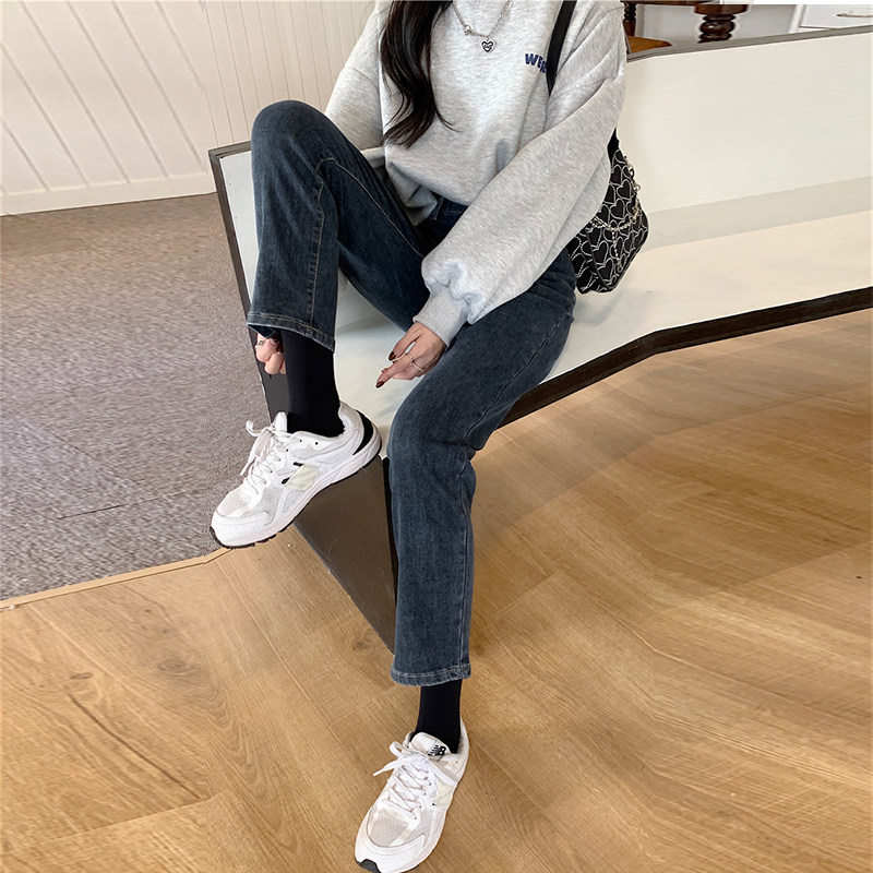 胖mm弹力春秋新款蓝灰色直筒裤子 樱米萱牛仔裤