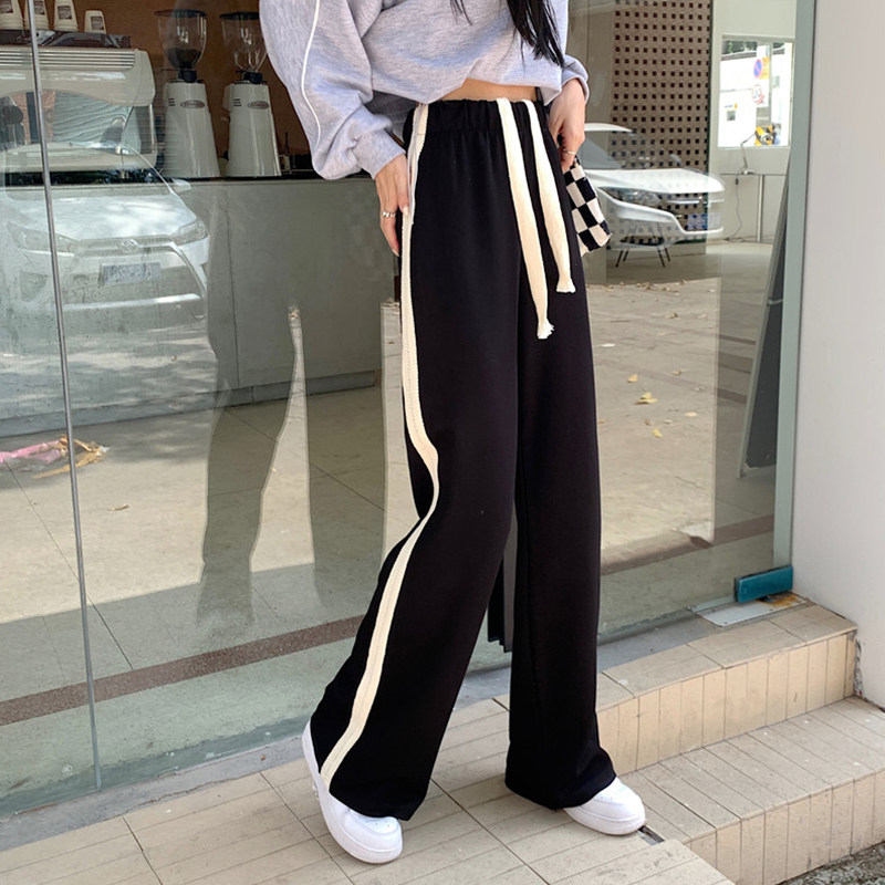 黑色抽绳运动冬加厚条纹直筒阔腿裤 樱米萱休闲裤