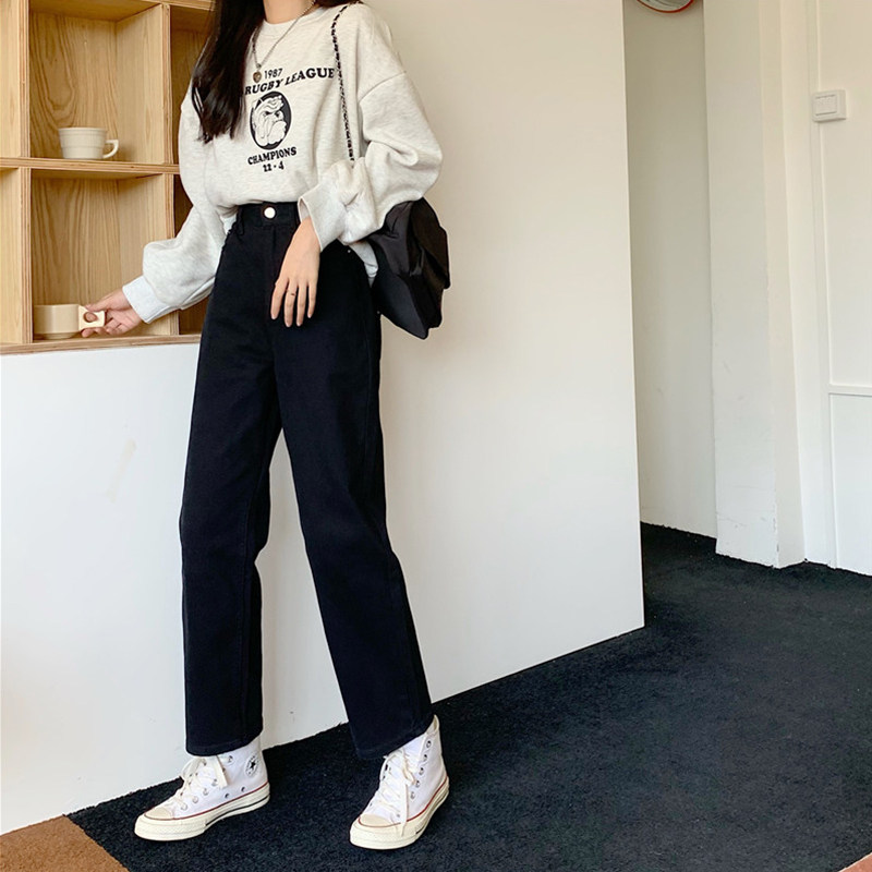 黑色直筒夏季新款胖mm高腰牛仔裤 樱米萱牛仔裤