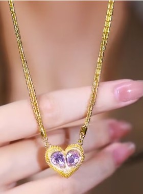 时尚奢华紫色心心相印爱心项链网红爆款轻奢百搭小众设计感项链女